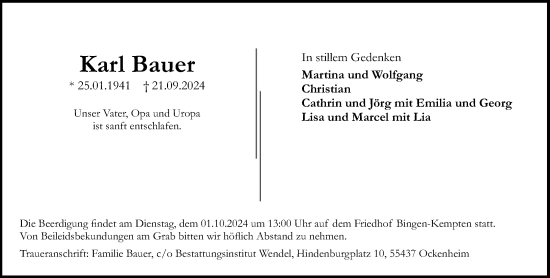 Traueranzeige von Karl Bauer von Allgemeine Zeitung Rheinhessen-Nahe