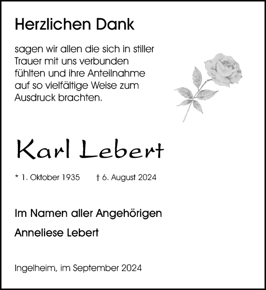 Traueranzeige von Karl Lebert von Allgemeine Zeitung Rheinhessen-Nahe