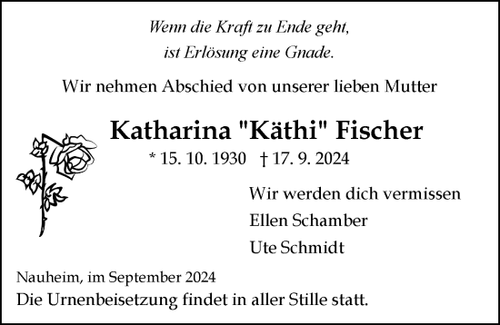 Traueranzeige von Katharina Fischer von Rüsselsheimer Echo