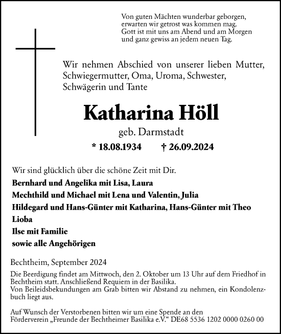 Traueranzeige von Katharina Höll von Wormser Zeitung