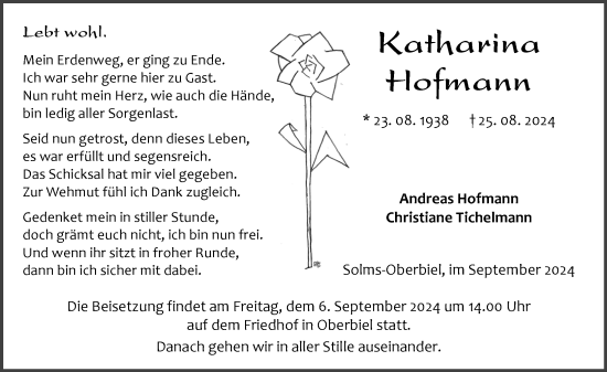 Traueranzeige von Katharina Hofmann von Wetzlarer Neue Zeitung