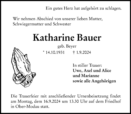 Traueranzeige von Katharine Bauer von Darmstädter Echo