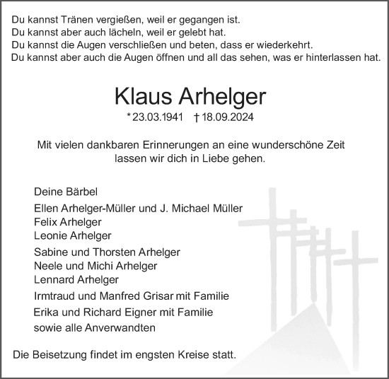 Traueranzeige von Klaus Arhelger von Dill Block