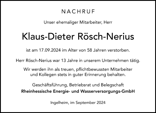 Traueranzeige von Klaus-Dieter Rösch-Nerius von Allgemeine Zeitung Rheinhessen-Nahe
