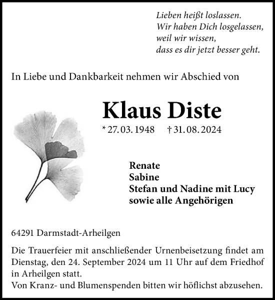 Traueranzeige von Klaus Diste von Darmstädter Echo