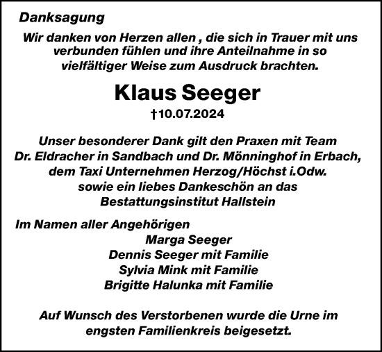 Traueranzeige von Klaus Seeger von Odenwälder Echo