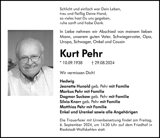 Traueranzeige von Kurt Pehr von Groß-Gerauer Echo