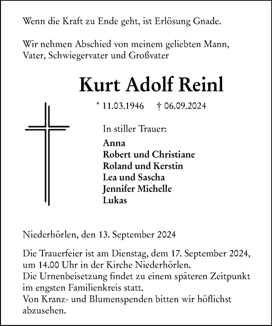 Traueranzeige von Kurt Adolf Reinl von Hinterländer Anzeiger