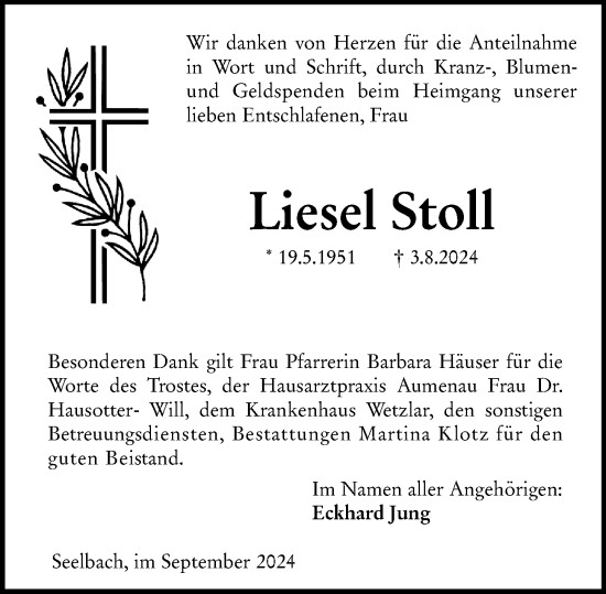 Traueranzeige von Liesel Stoll von Weilburger Tageblatt