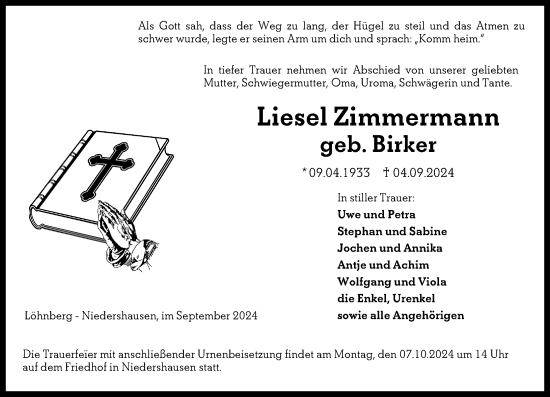 Traueranzeige von Liesel Zimmermann von Weilburger Tageblatt