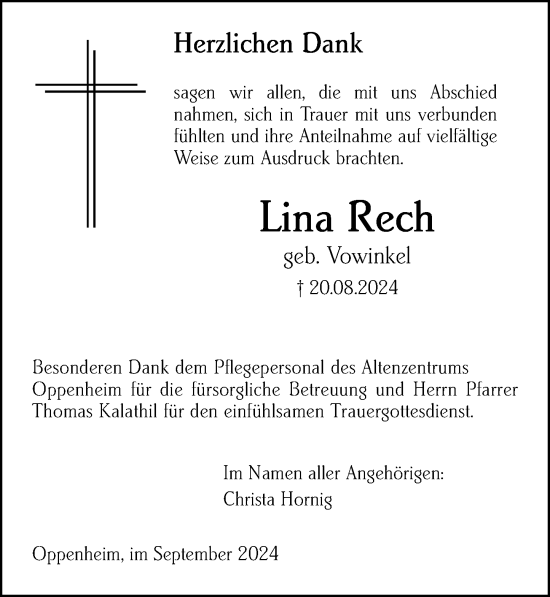 Traueranzeige von Lina Rech von Allgemeine Zeitung Mainz