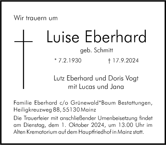 Traueranzeige von Luise Eberhard von Allgemeine Zeitung Mainz