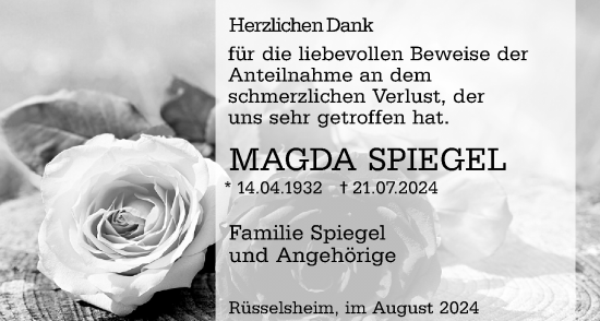 Traueranzeige von Magda Spiegel von Rüsselsheimer Echo