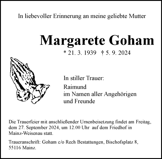 Traueranzeige von Margarete Goham von Allgemeine Zeitung Mainz