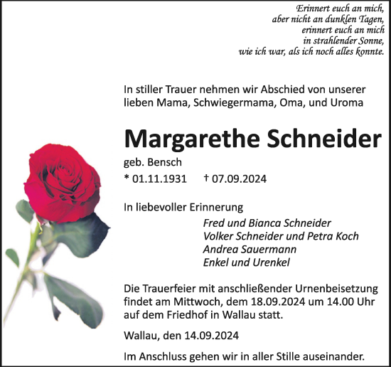 Traueranzeige von Margarethe Schneider von Hinterländer Anzeiger