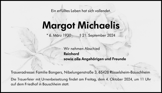 Traueranzeige von Margot Michaelis von Rüsselsheimer Echo