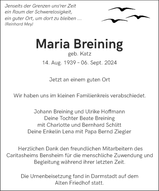 Traueranzeige von Maria Breining von Darmstädter Echo