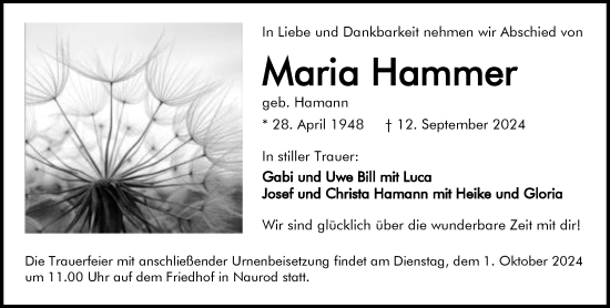 Traueranzeige von Maria Hammer von Wiesbadener Kurier
