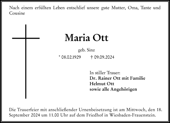 Traueranzeige von Maria Ott von Wiesbadener Kurier
