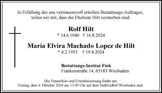 Traueranzeige von Maria Elvira Machado Lopez de Hilt von Wiesbadener Kurier