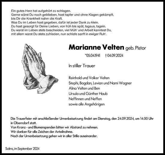 Traueranzeige von Marianne Velten von Wetzlarer Neue Zeitung
