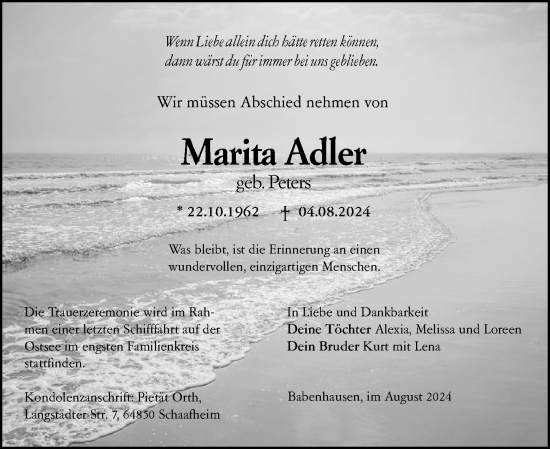 Traueranzeige von Marita Adler von Darmstädter Echo