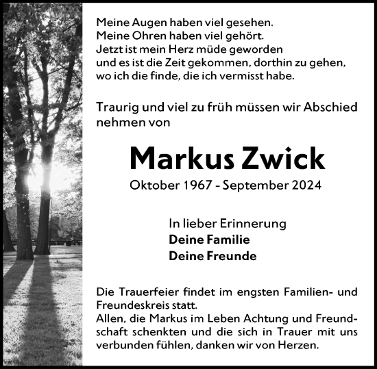 Traueranzeige von Markus Zwick von Rüsselsheimer Echo