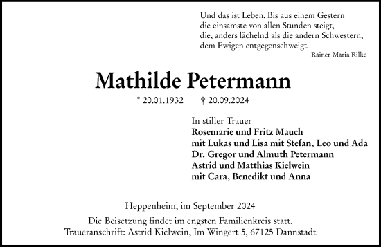 Traueranzeige von Mathilde Petermann von Starkenburger Echo