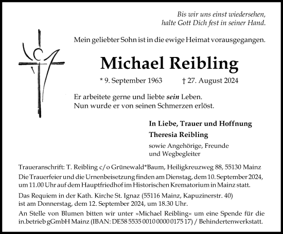 Traueranzeige von Michael Reibling von Allgemeine Zeitung Mainz