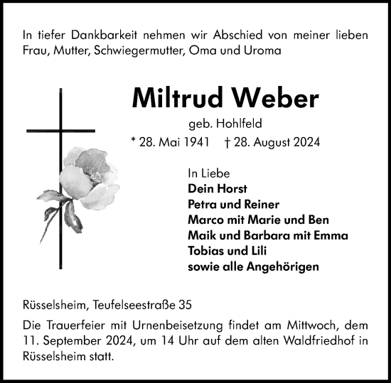 Traueranzeige von Miltrud Weber von Rüsselsheimer Echo