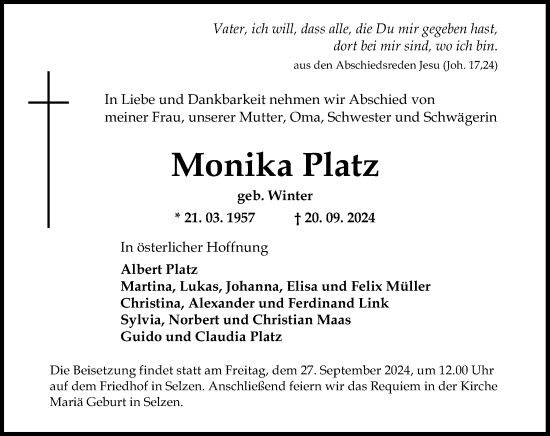 Traueranzeige von Monika Platz von Allgemeine Zeitung Mainz