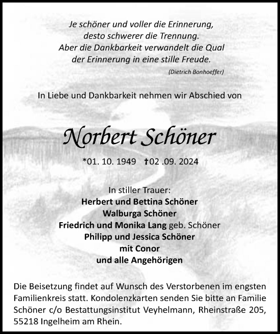 Traueranzeige von Norbert Schöner von Allgemeine Zeitung Rheinhessen-Nahe