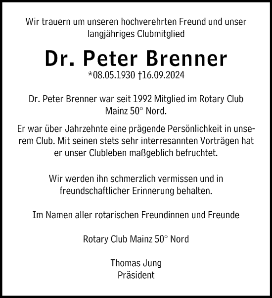 Traueranzeige von Peter Brenner von Allgemeine Zeitung Mainz