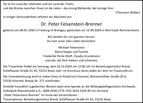 Traueranzeige von Peter Felsenstein-Brenner von Allgemeine Zeitung Mainz