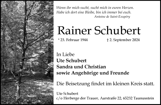 Traueranzeige von Rainer Schubert von Wiesbadener Kurier