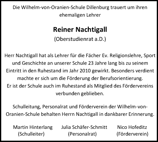 Traueranzeige von Reiner Nachtigall von Dill Block