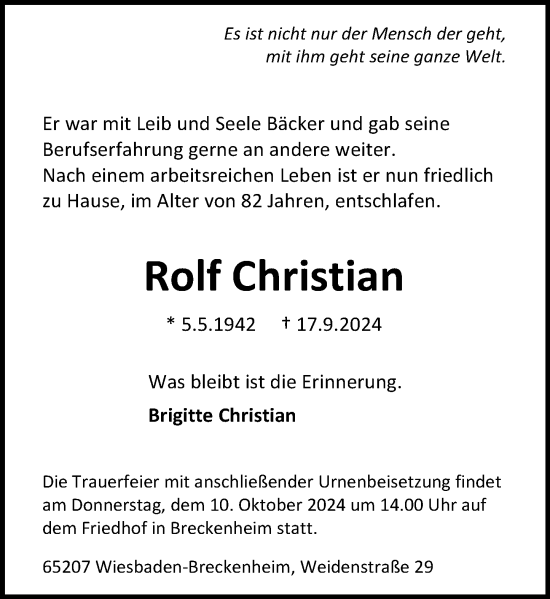 Traueranzeige von Rolf Christian von Wiesbadener Kurier