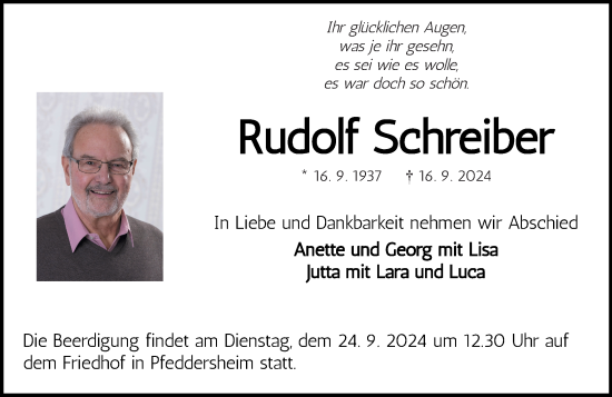 Traueranzeige von Rudolf Schreiber von Wormser Zeitung