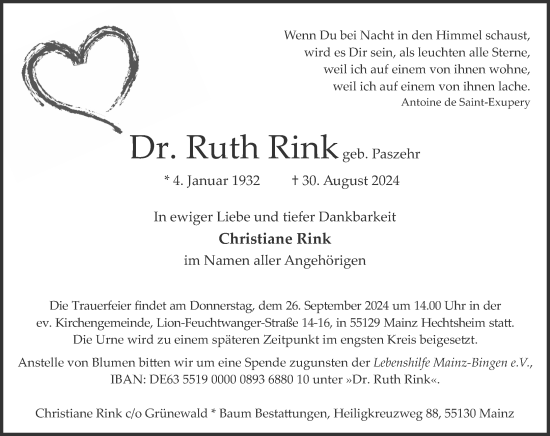 Traueranzeige von Ruth Rink von Allgemeine Zeitung Mainz