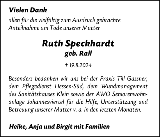 Traueranzeige von Ruth Speckhardt von Darmstädter Echo