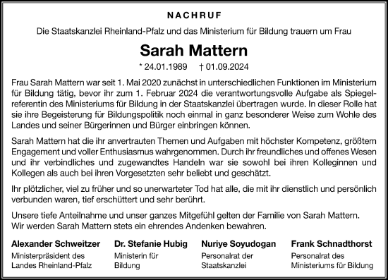 Traueranzeige von Sarah Mattern von Wiesbadener Kurier