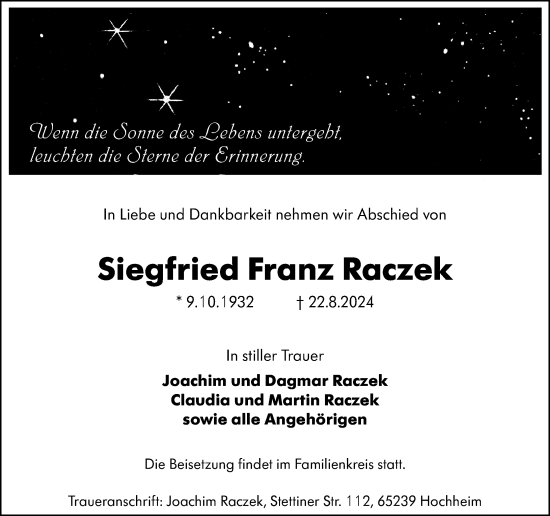 Traueranzeige von Siegfried Franz Raczek von Hochheimer Zeitung