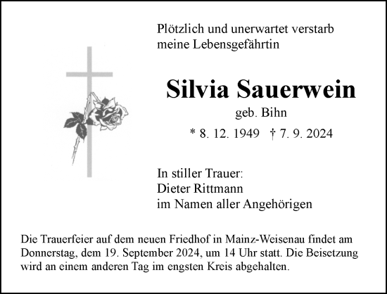 Traueranzeige von Silvia Sauerwein von Allgemeine Zeitung Mainz