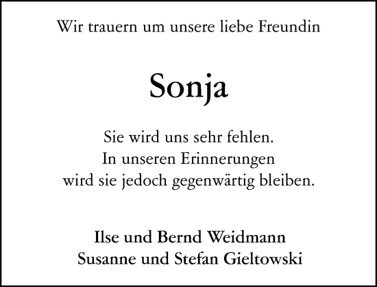 Traueranzeige von Sonja  von Rüsselsheimer Echo