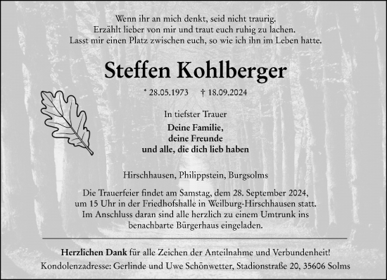Traueranzeige von Steffen Kohlberger von Weilburger Tageblatt