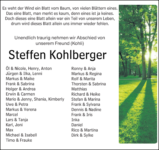 Traueranzeige von Steffen Kohlberger von Weilburger Tageblatt