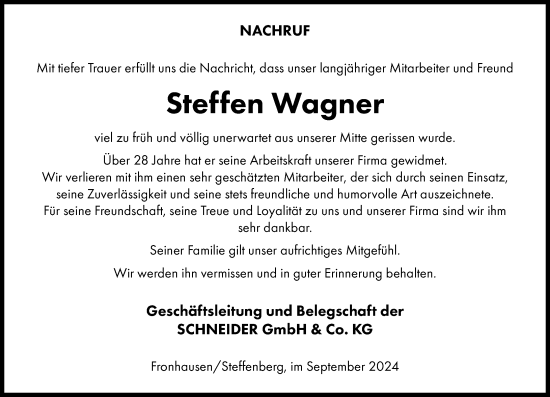 Traueranzeige von Steffen Wagner von Hinterländer Anzeiger