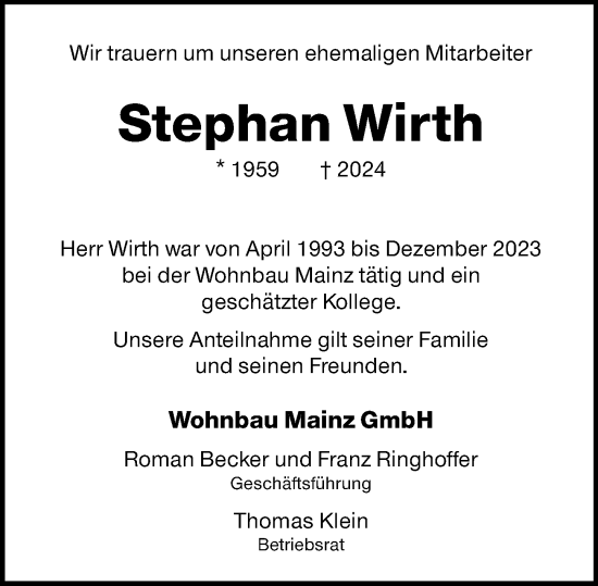 Traueranzeige von Stephan Wirth von Allgemeine Zeitung Mainz