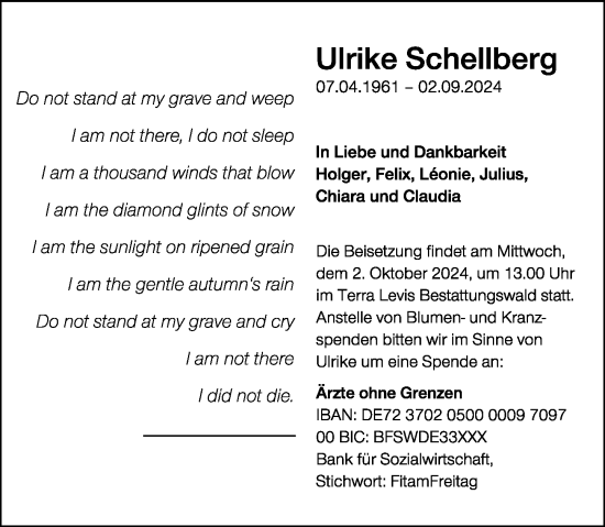 Traueranzeige von Ulrike Schellberg von Wiesbadener Kurier