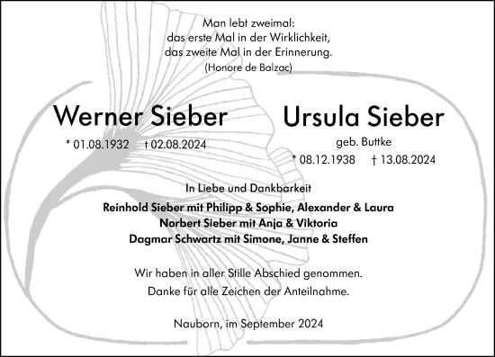 Traueranzeige von Ursula Sieber von Wetzlarer Neue Zeitung